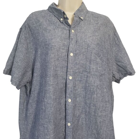 Gap Mens Linen Blend Button Up Shirt XL Slim Fit Blue Short Sleeve Chambray - Picture 2 of 12